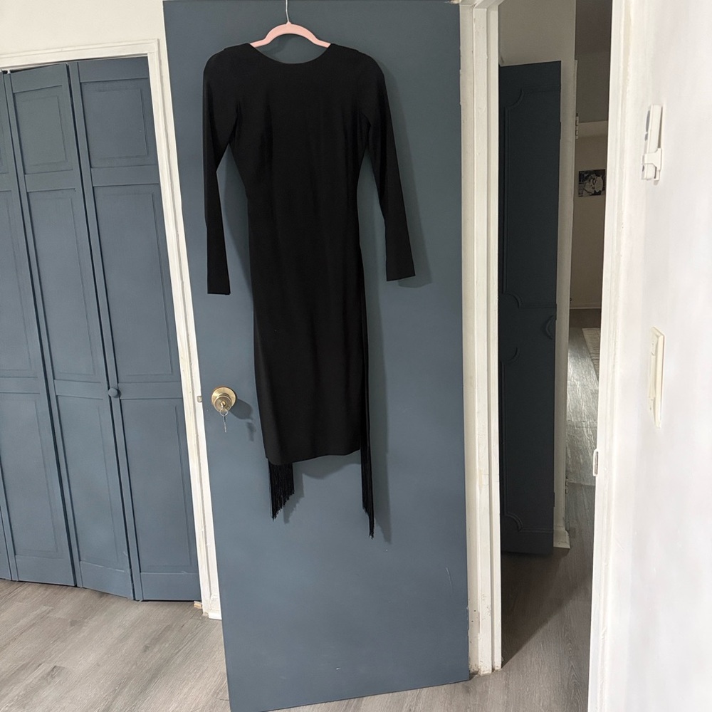 Dress the Population Black caro Long Sleeve Fringe-belt sheath Midi Dress
